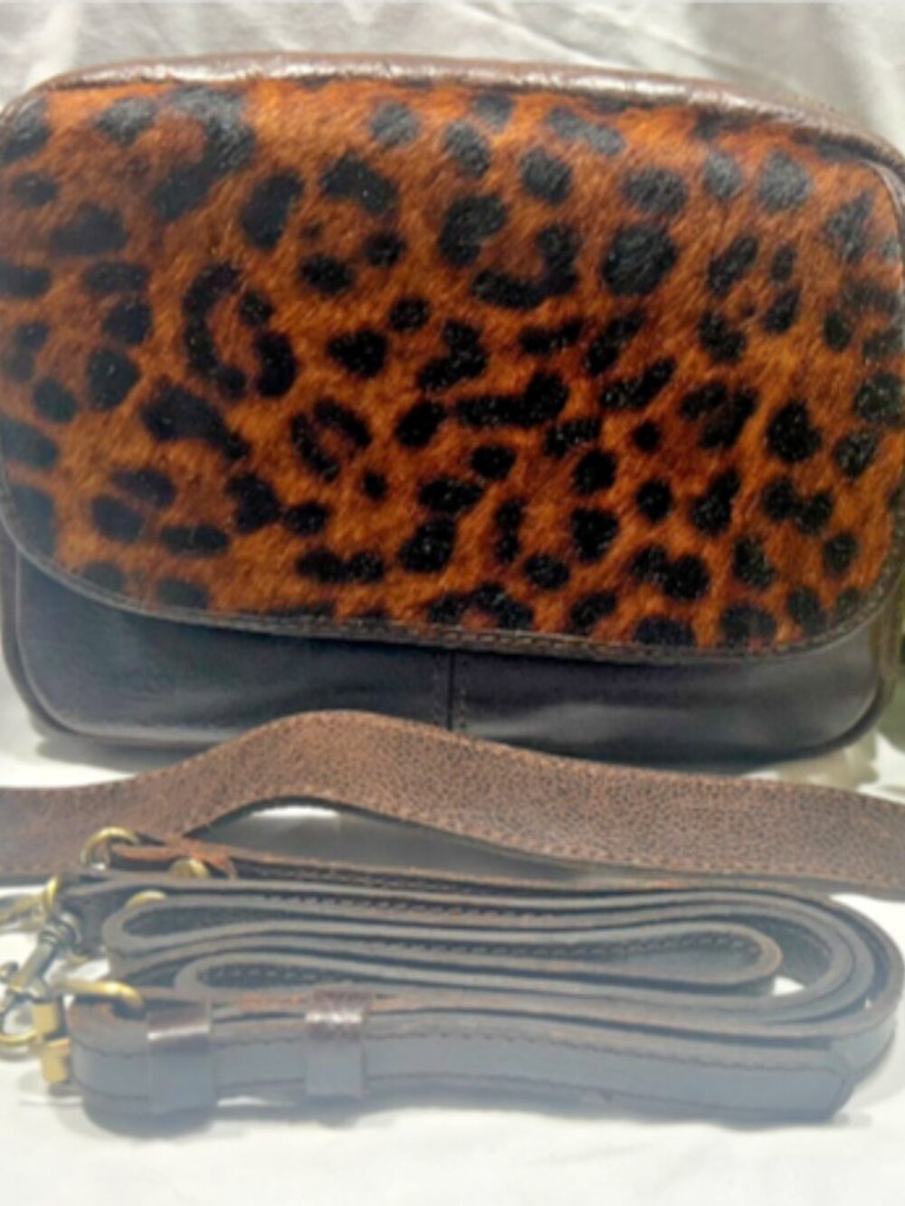 EUC Patricia Nash Leopard Embossed Calf Hair Flap Crossbody Bag